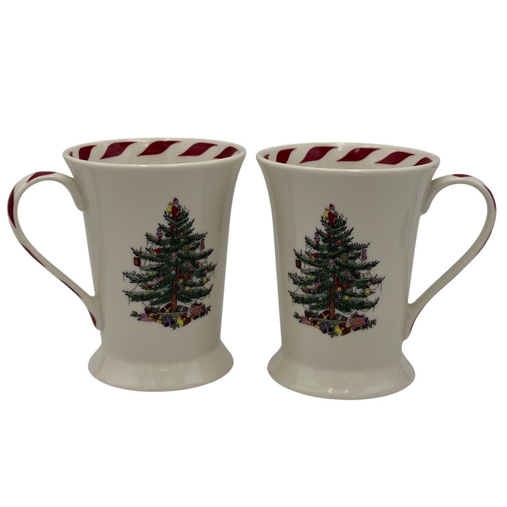 Spode Christmas Tree Mugs Peppermint Candy Cane Stripe Handle Holiday Coffee Cup
